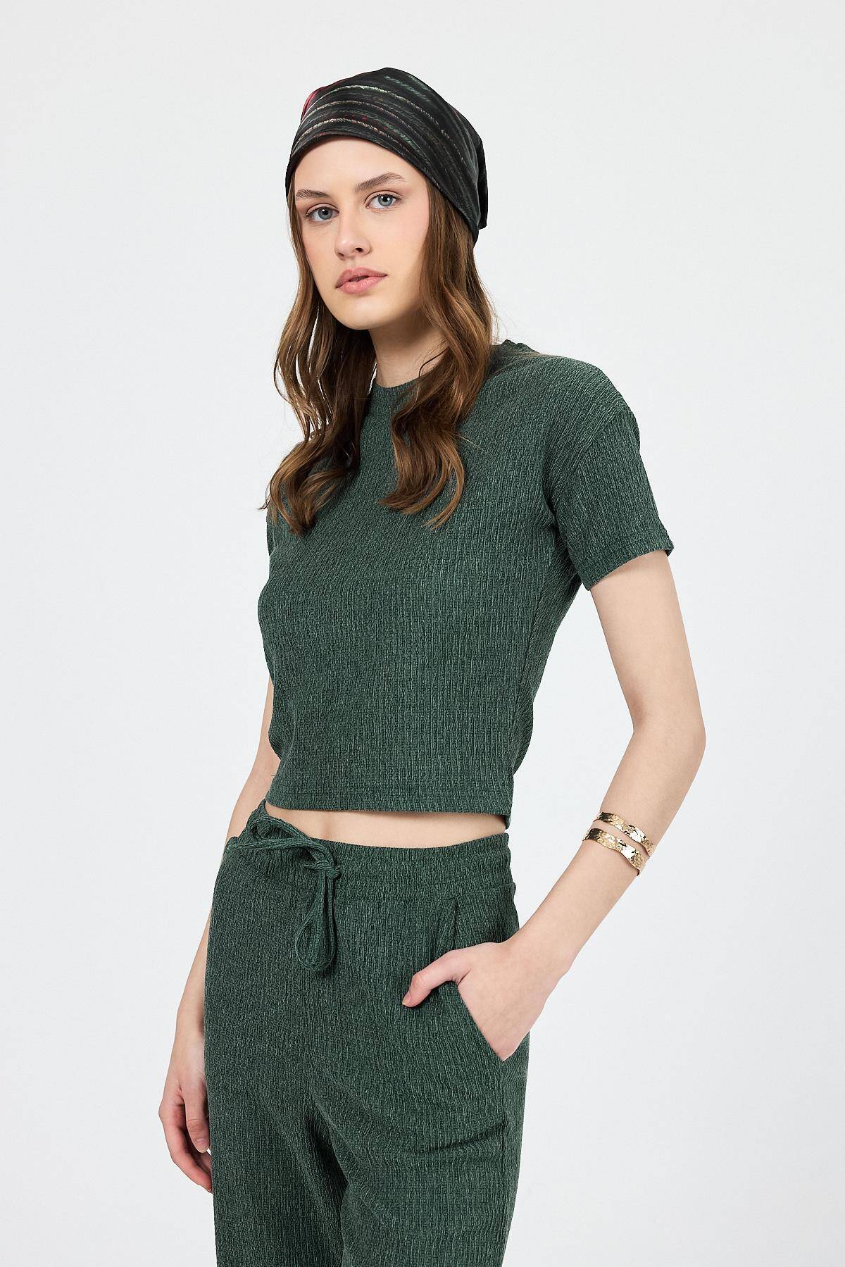 Yeşil Bisiklet Yaka Bürümcük Dokulu Kumaş Alt Üst Takım 1455 - Stilay