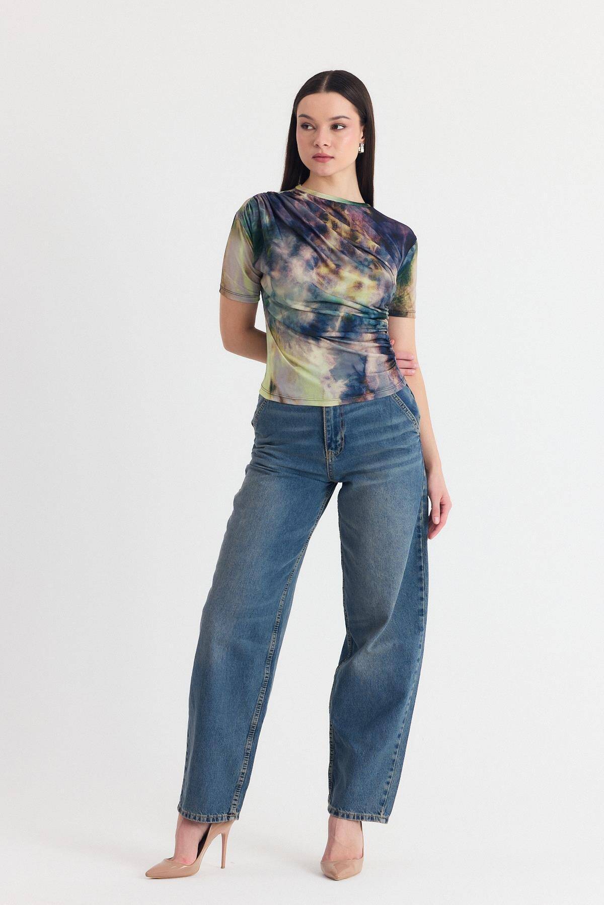 Yeşil Desenli Büzgülü Sandy Bluz 12303 - Stilay