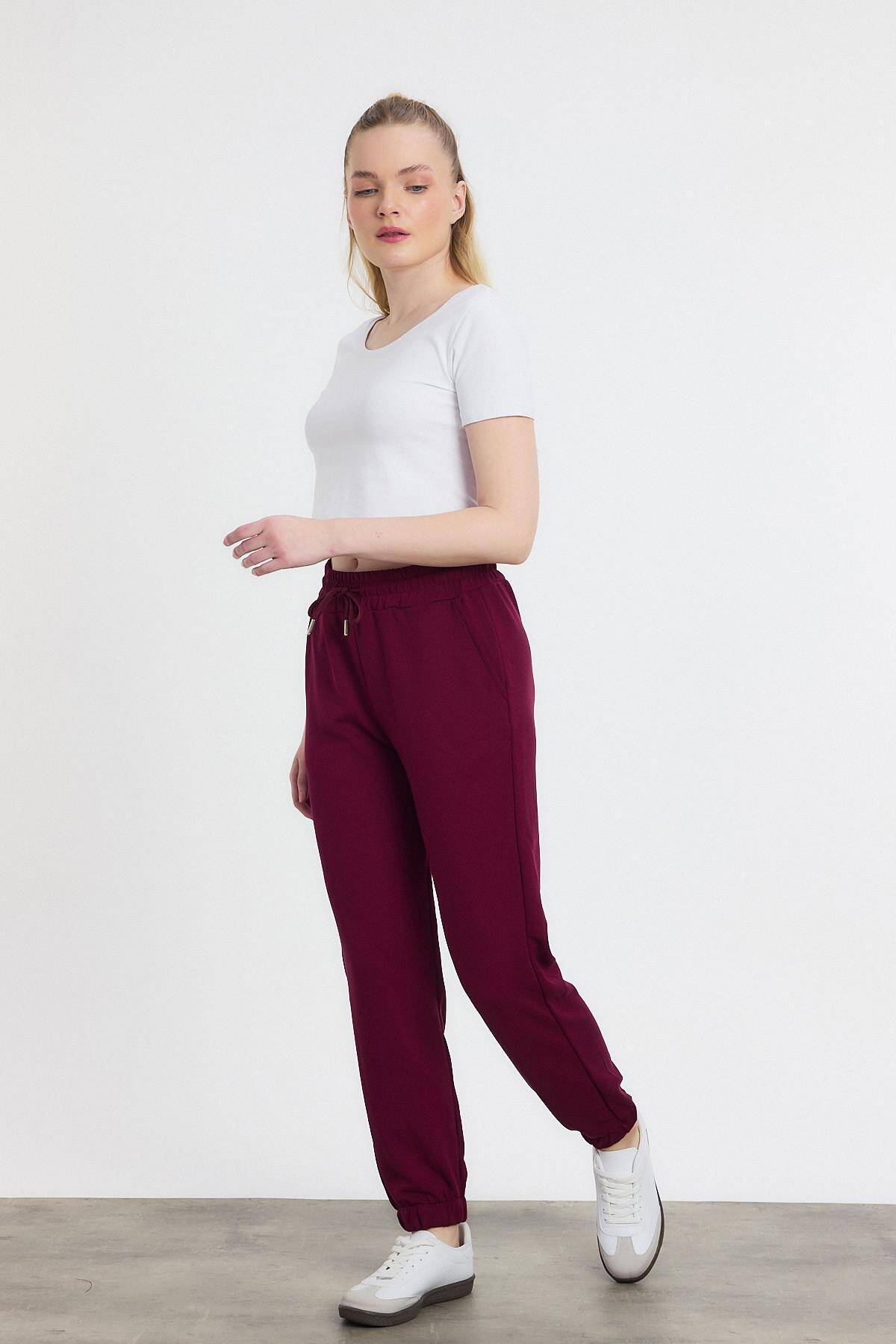 Yumuşak Dokulu Esnek Premium Kumaş Rahat Kalıp Eşofman Altı Bordo - 8242 - 8